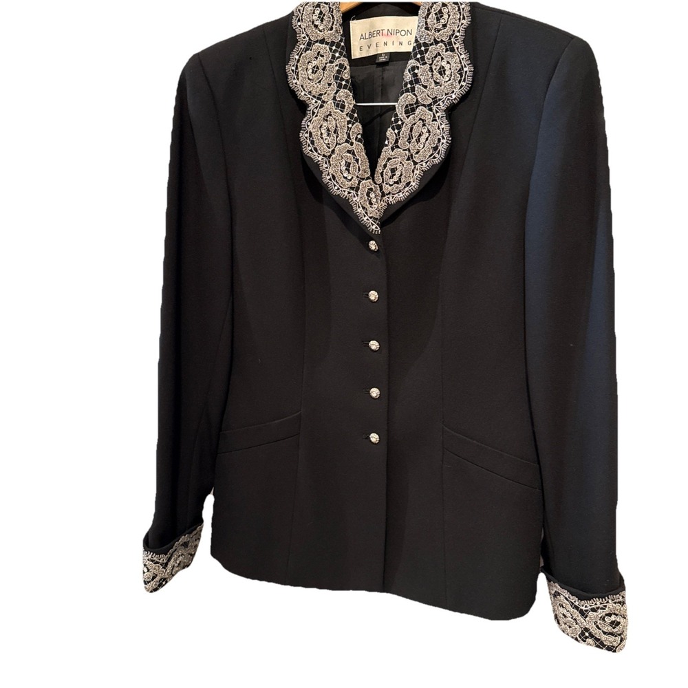 VINTAGE Chic 80's Albert Nippon Evening Jacket Black Sz 6 Embroidered